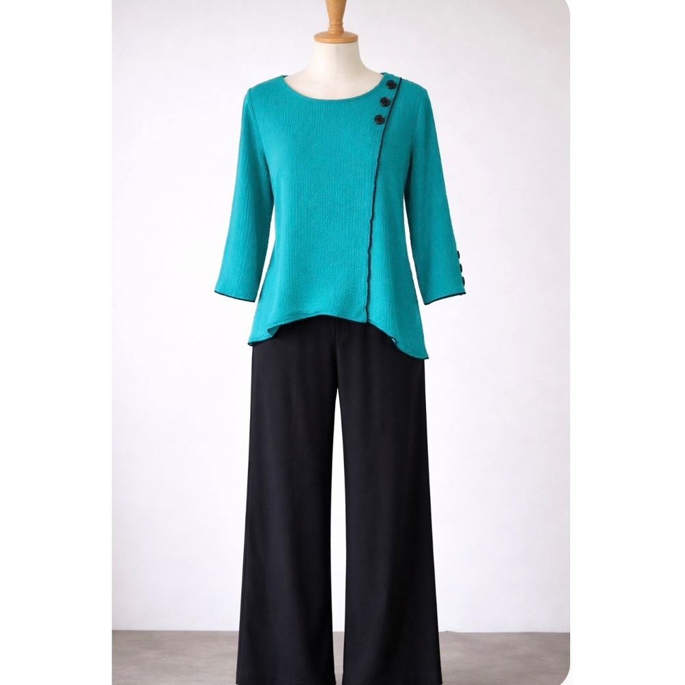 Ali Miles Teal Textured 3/4 Sleeve Asymmetrical Button Top Petite Large PL